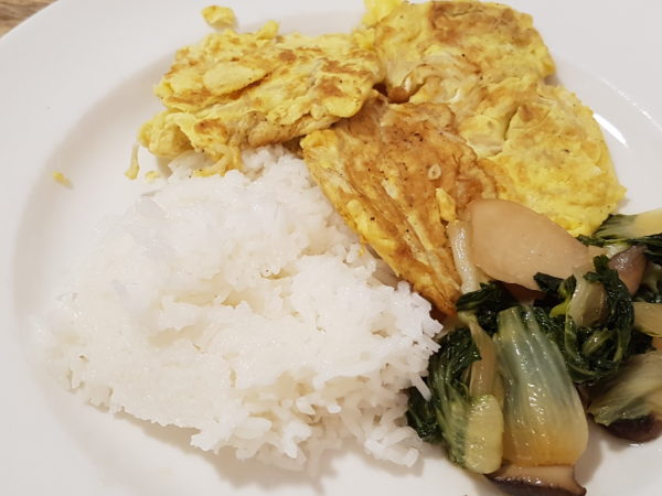 Fried Eggs with Enoki Mushroom served with rice and bok choy