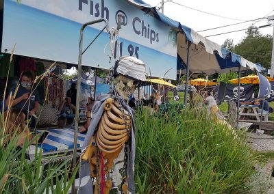 Skeleton in front of Shipwreck Lee's Fish & Chip Place